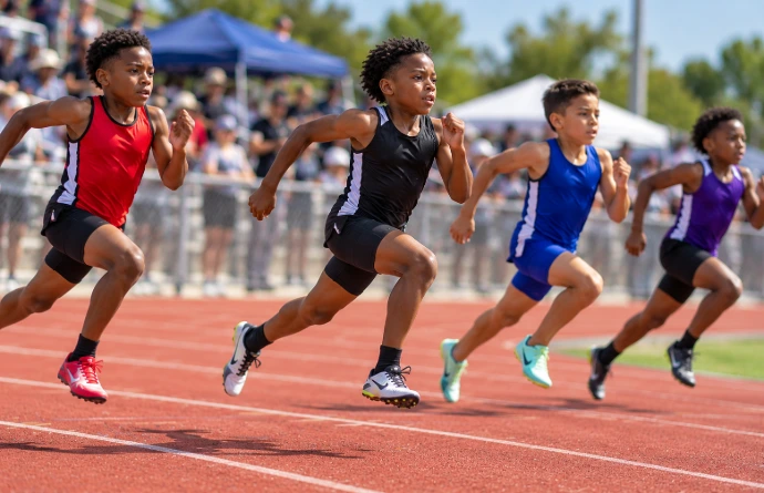 Illustrative image of youth runners sprinting at an outdoor track meet.