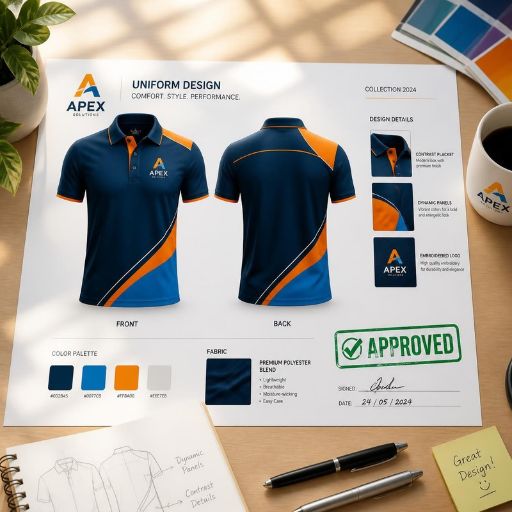 Approved custom team apparel design with coordinated logos and colors
