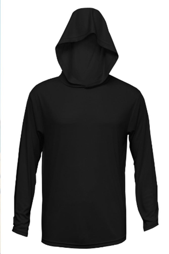 [E807105] 100% Polyester Performance Long Sleeve Hooded T-Shirt (XS, Black​​​​​​​​​)